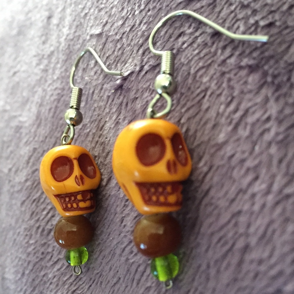Handcrafted Skull Head Drop Earrings - Orange Tone